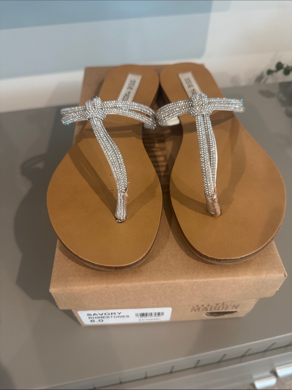 Steve Madden Tan Footbed Silver rhinestone T-Strap Sandals